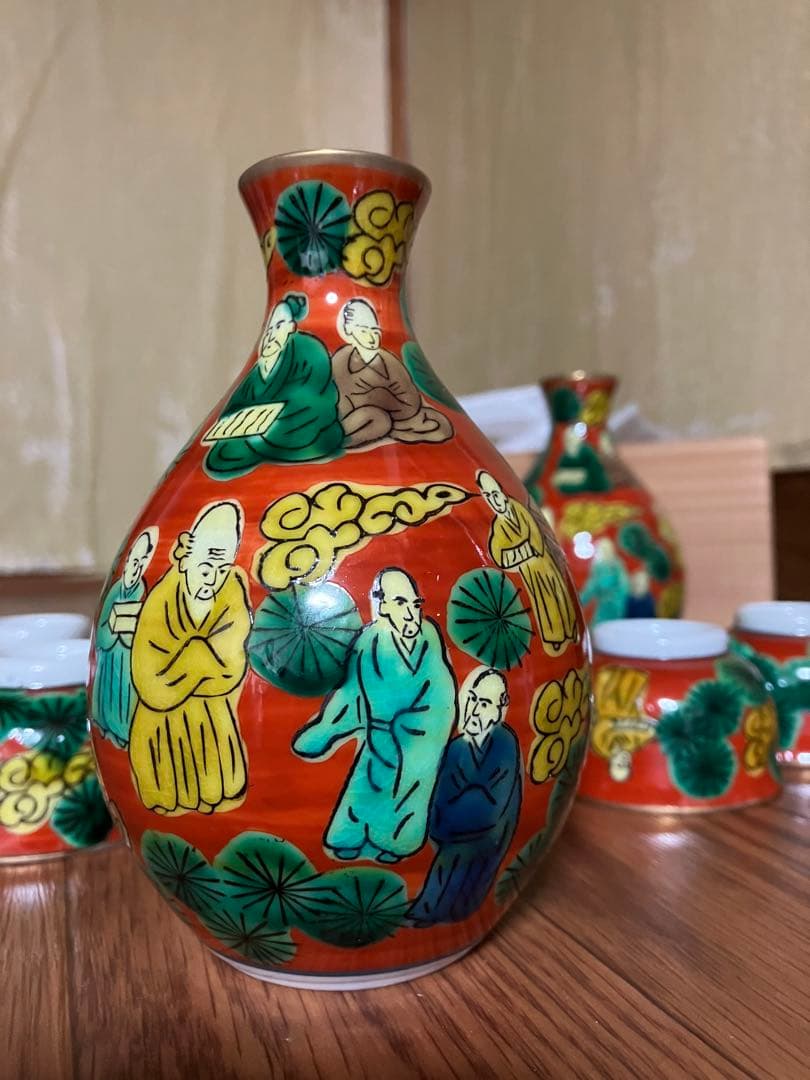 昭和レトロ　アンティーク　青木大米作九谷焼　高級手書き　酒器セット　未使用　木箱