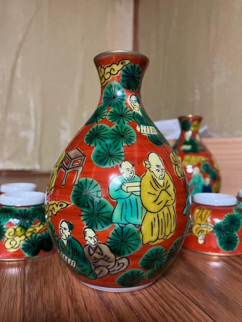 昭和レトロ　アンティーク　青木大米作九谷焼　高級手書き　酒器セット　未使用　木箱