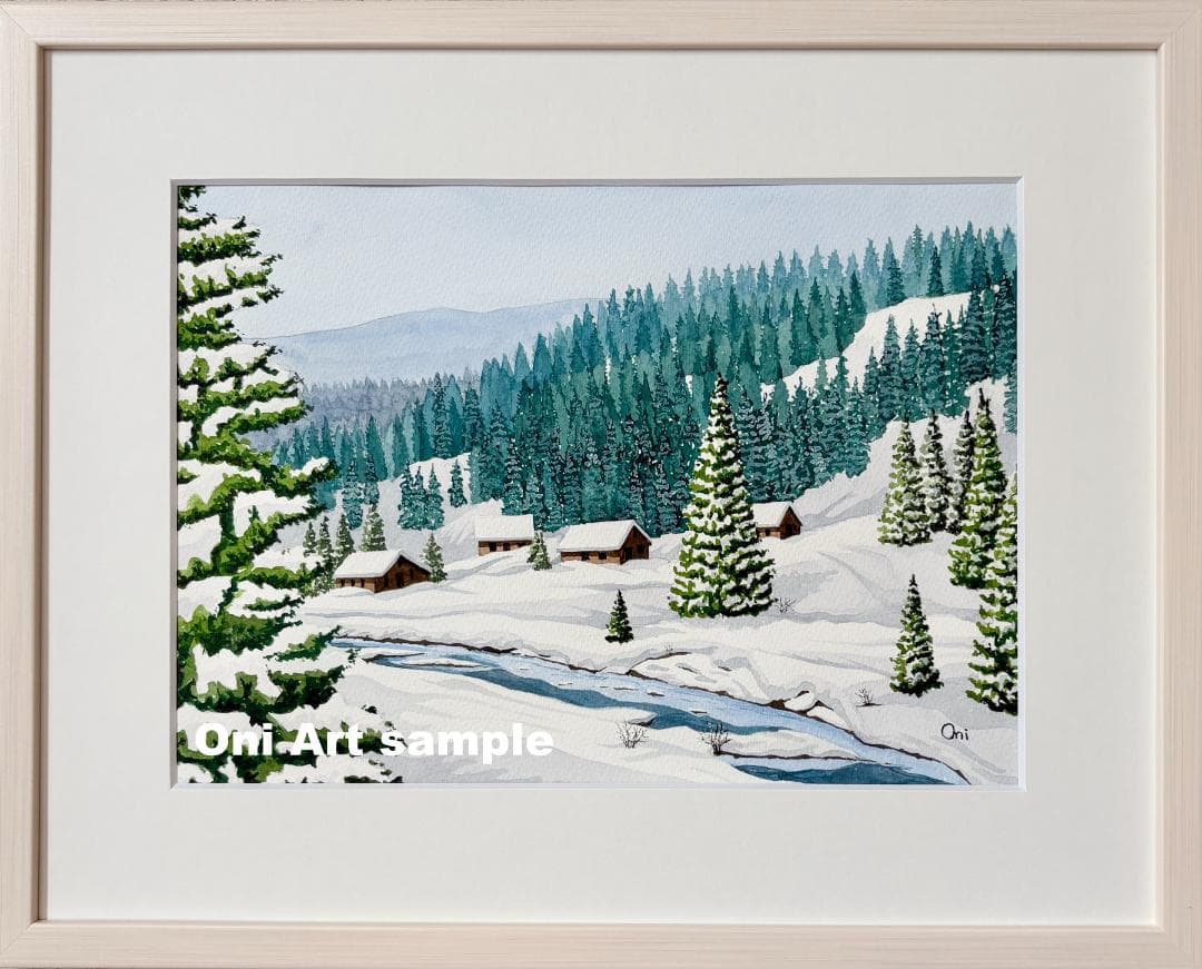 透明水彩画　原画　「雪景色01」額縁付　F4サイズ　風景画