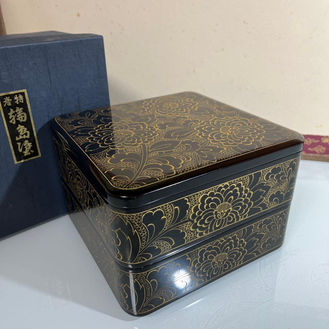 木製漆　輪島塗　沈金牡丹彫　2段重箱