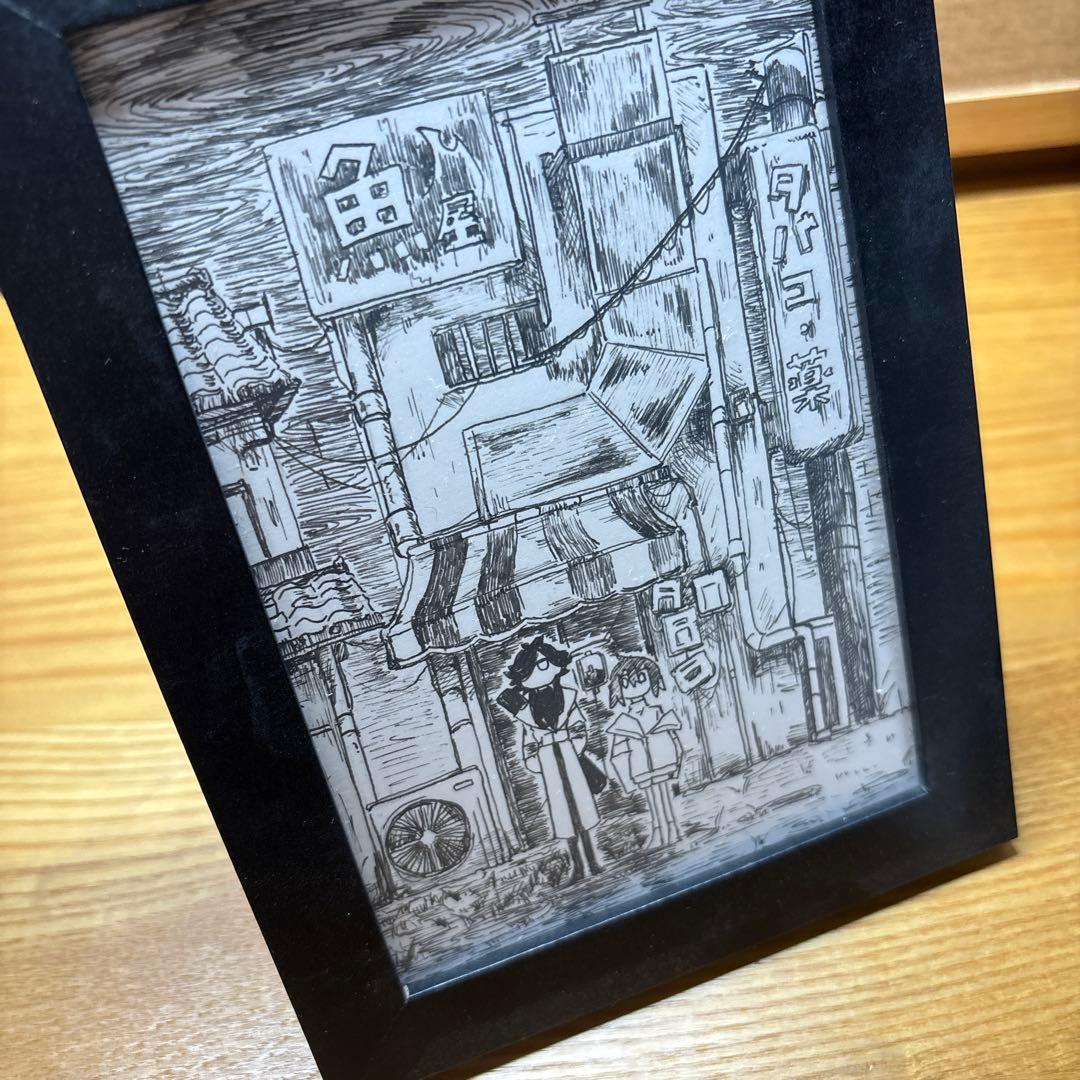 ペン画 黒と白の商店街 ハンドメイド2点セット