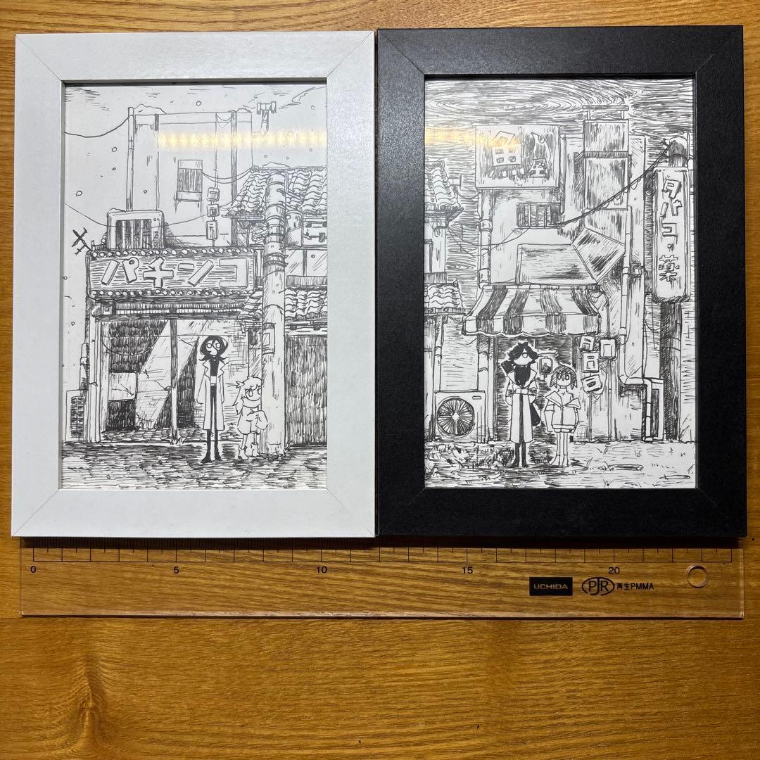 ペン画 黒と白の商店街 ハンドメイド2点セット