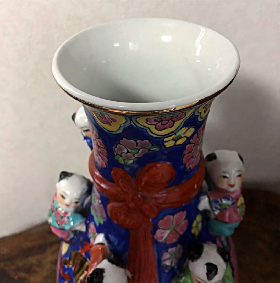 中国美術 多唐子 多彩草花蝶芭蕉扇紋 砂こうだい 花瓶 景徳鎮