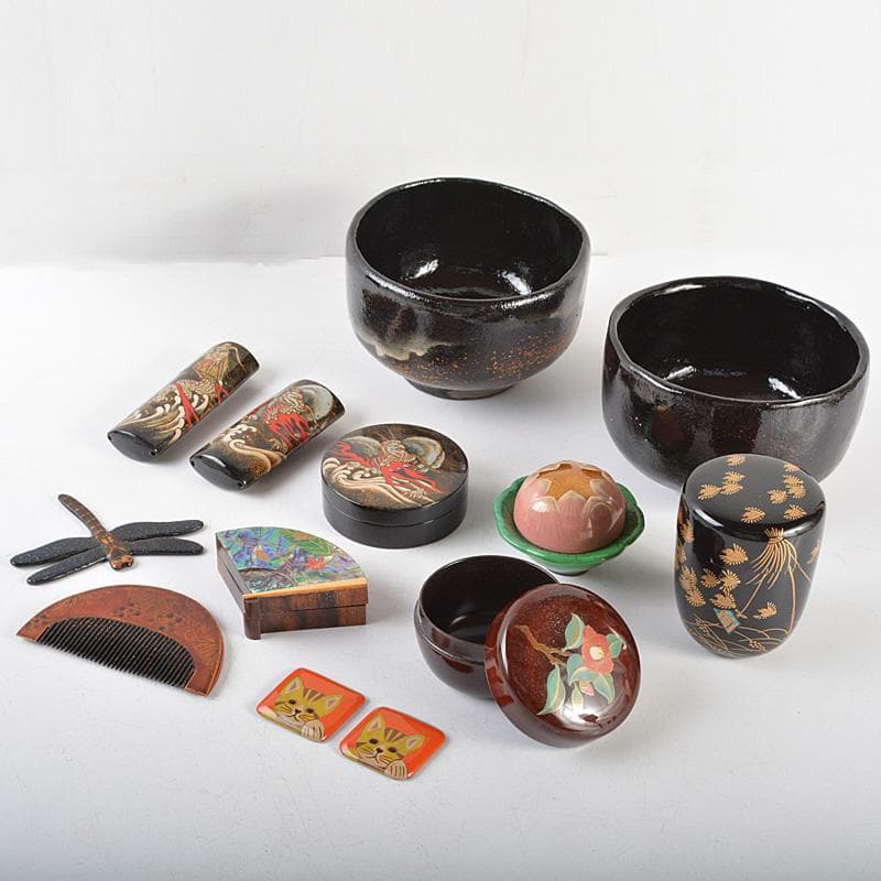 茶道具　鳥金蒔絵棗　黒楽茶碗　香合　櫛　印籠など　輪島塗13点　M　R6020