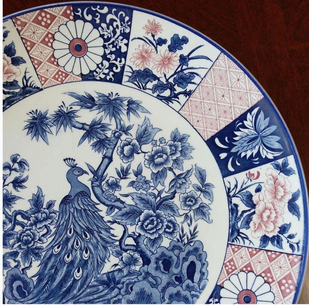 【新品 縁起物 ノベルティ】萬古窯 富永陶園 孔雀 大皿 尺ニ皿 新牡丹花鳥