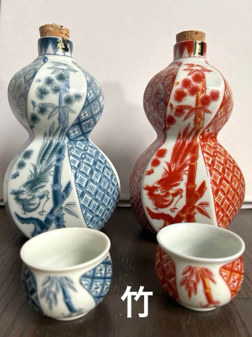 京都・常楽窯 松竹梅六角徳利＋ぐい呑み 各2点セット（赤絵付け・青絵付け）