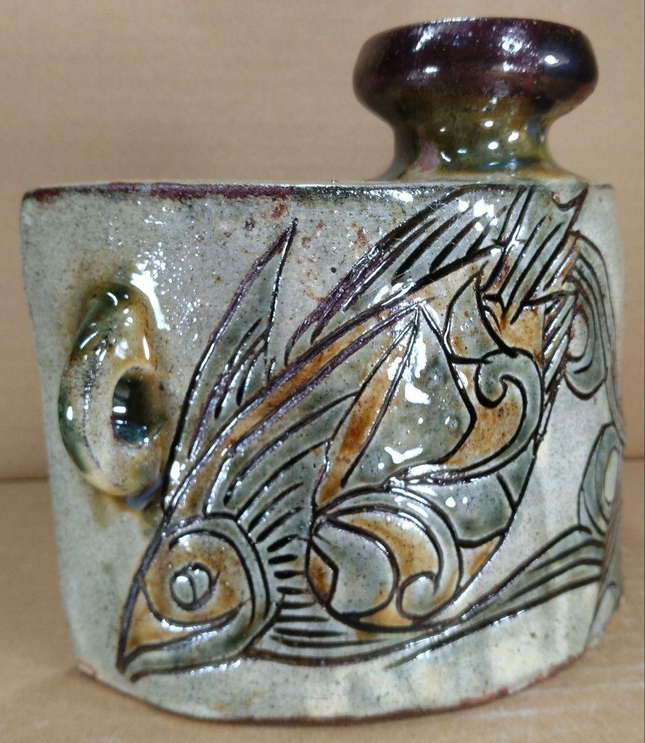 【本物保証】金城次郎 魚紋抱瓶 共箱(本人書付）栞 人間国宝 壷屋焼 やちむん