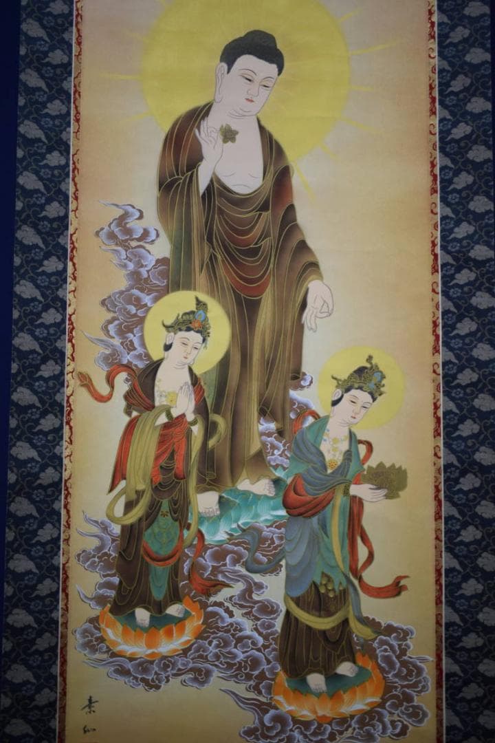 真作/素仙/三尊佛図/桐共箱付/布袋屋掛軸HE-650