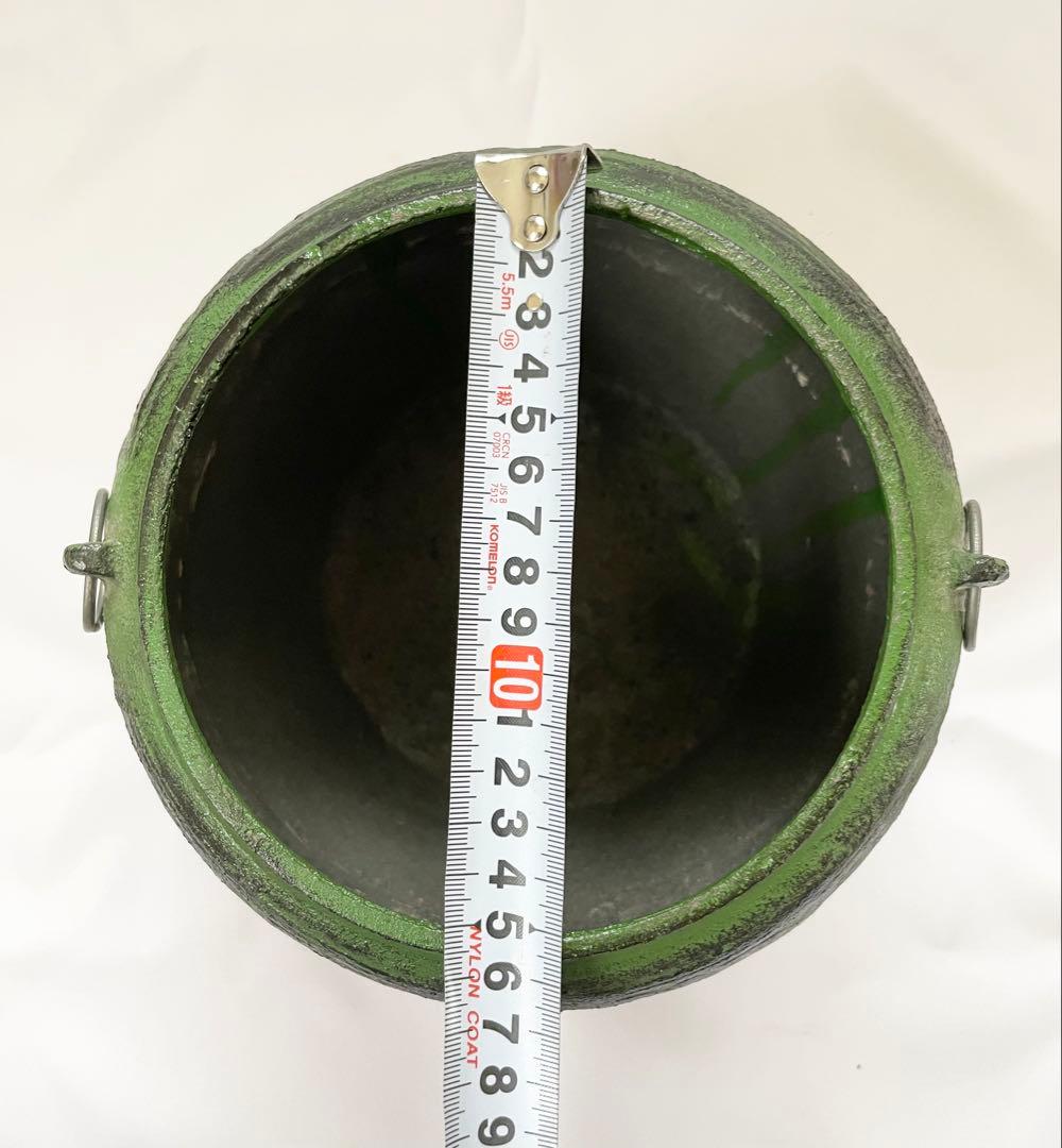 【未使用】東伸販売 緑色の鋳鉄製 宝火消 火消し壺 中 茶釜 茶道 骨董