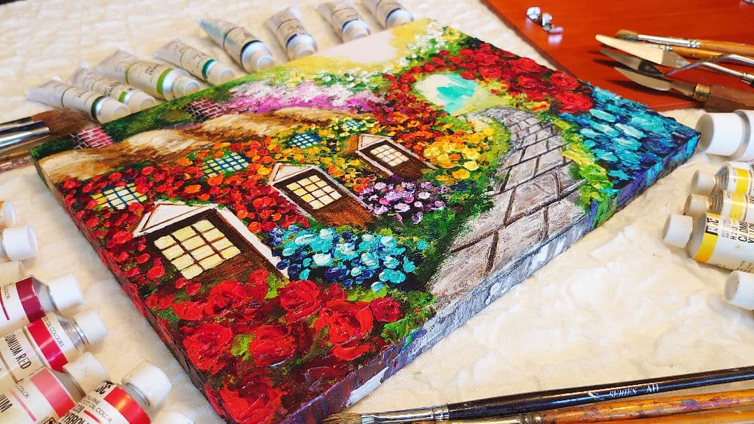 油絵 絵画【花の住宅】