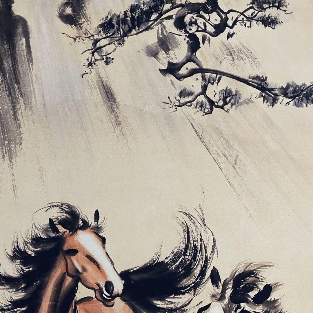 中国美術 掛け軸 馬図 双馬 水墨画風 中堂 四尺 宣紙