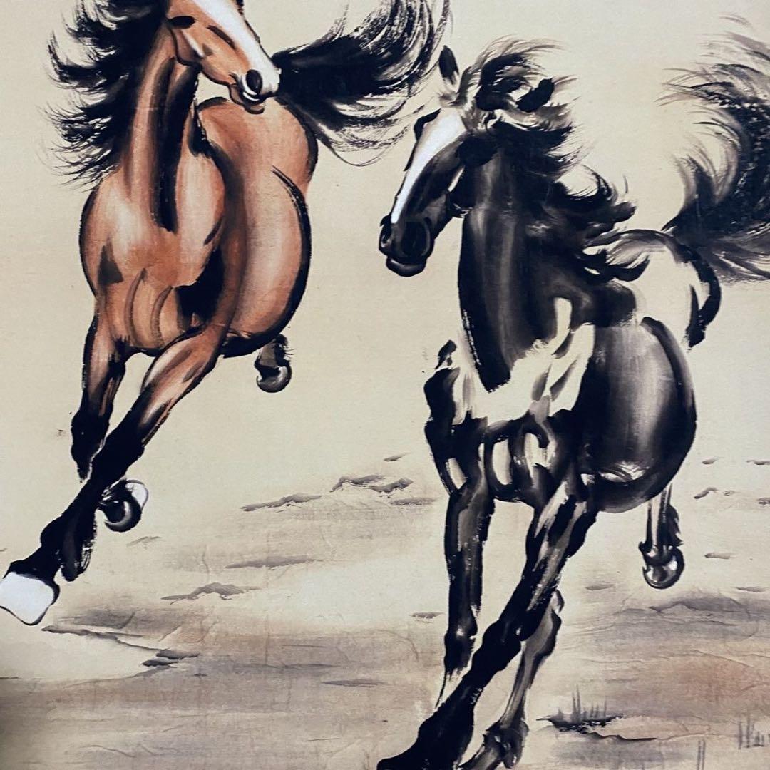 中国美術 掛け軸 馬図 双馬 水墨画風 中堂 四尺 宣紙