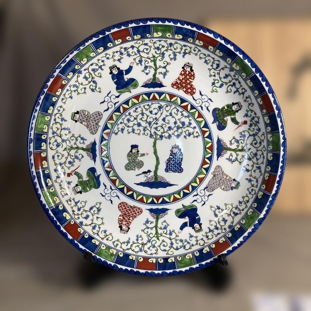 【源右衛門】古伊万里の伝統　名窯　舘林源右衛門作　染錦ミナイ手樹下美人図　特大皿