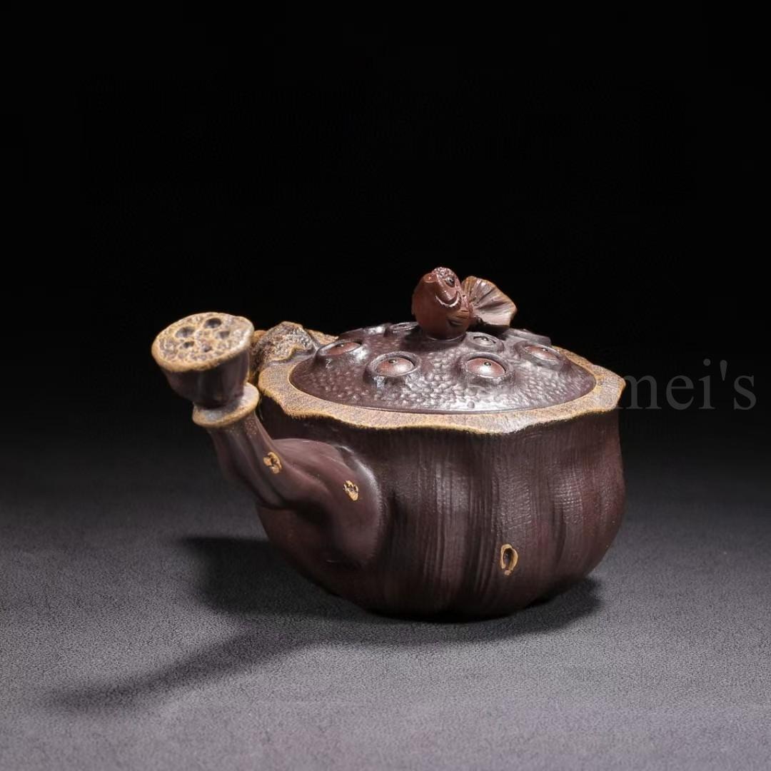 中国古美術・原鉱紫泥荷塘月色紫砂壺・底款：陳鳴遠・紫砂壺・急須・茶壺・茶道・置物