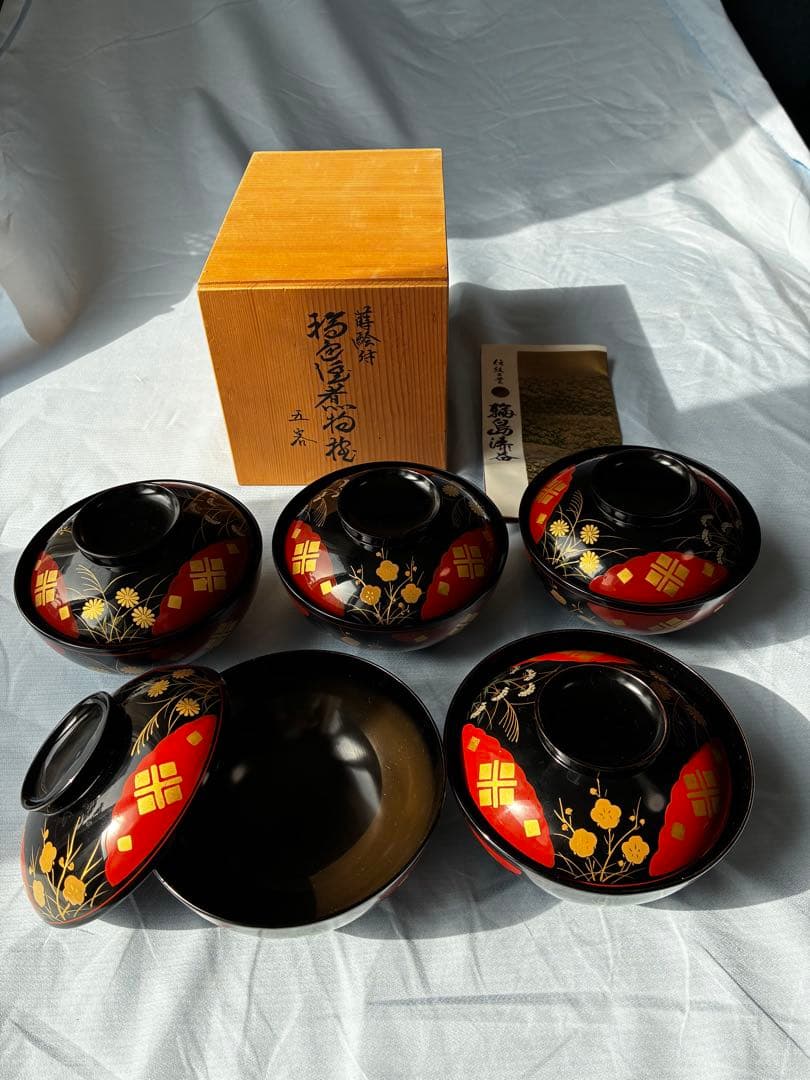 【本物保証】輪島塗 角知作 吸物椀 5客セット 共箱・パンフレット付 椿蒔絵