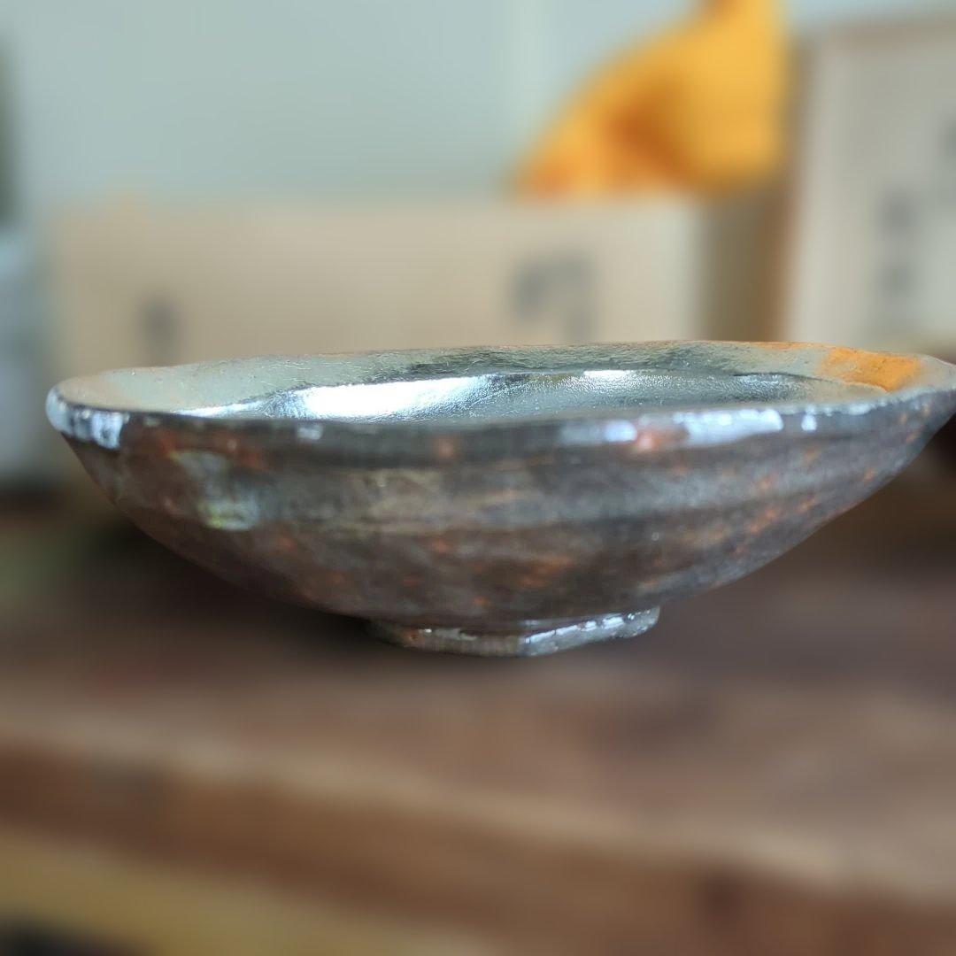 嶋台茶碗 金銀 茶道具 茶碗 セット 銀色 赤色 陶器 慶楽 木箱 在銘