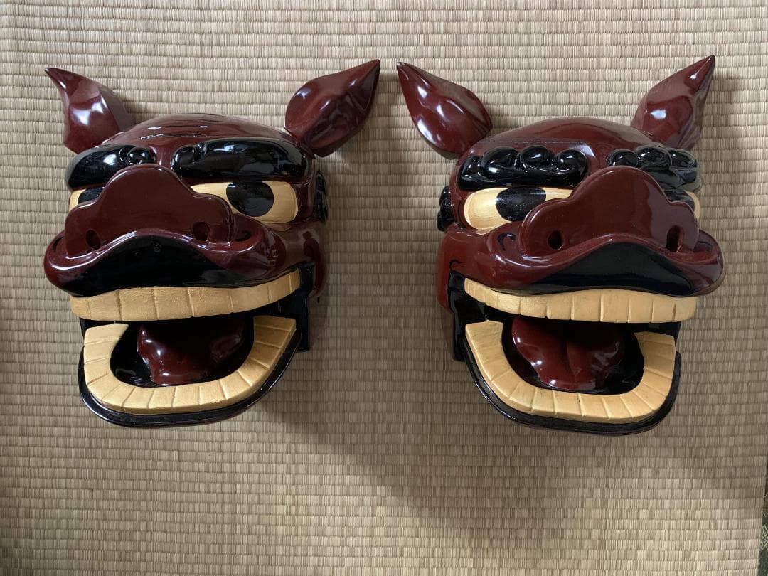 獅子頭　一対　夫婦　雄雌　木製　獅子舞