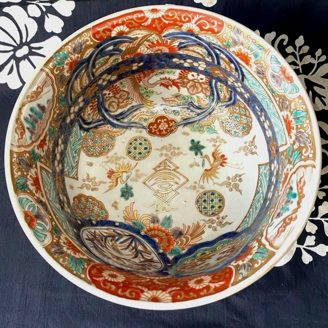 時代物骨董　古伊万里　豪華絢爛染錦金襴手・色絵大鉢　鳳凰飛翔図　飾り鉢　幕末明治