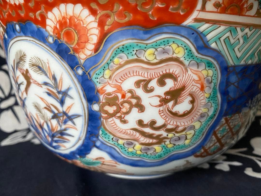 時代物骨董　古伊万里　豪華絢爛染錦金襴手・色絵大鉢　鳳凰飛翔図　飾り鉢　幕末明治
