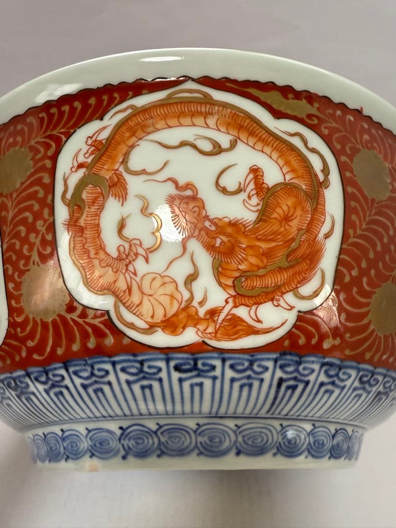 江戸期　古伊万里　金彩色絵　龍鳳文　鶴寿老人30cm 大鉢　送料込み