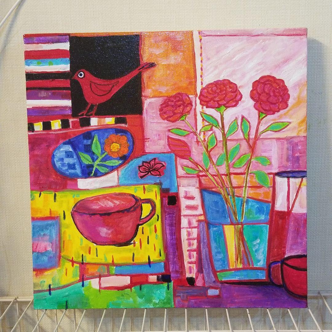 油絵　にゃんこ　にぎやかなテーブル