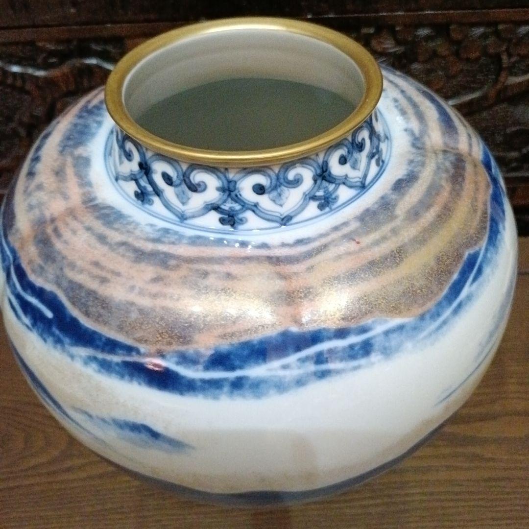 お値下げ◆藍九谷◆純金加彩手◆吉祥文花瓶◆山本長左オリジナル◆◆黎明◆◆