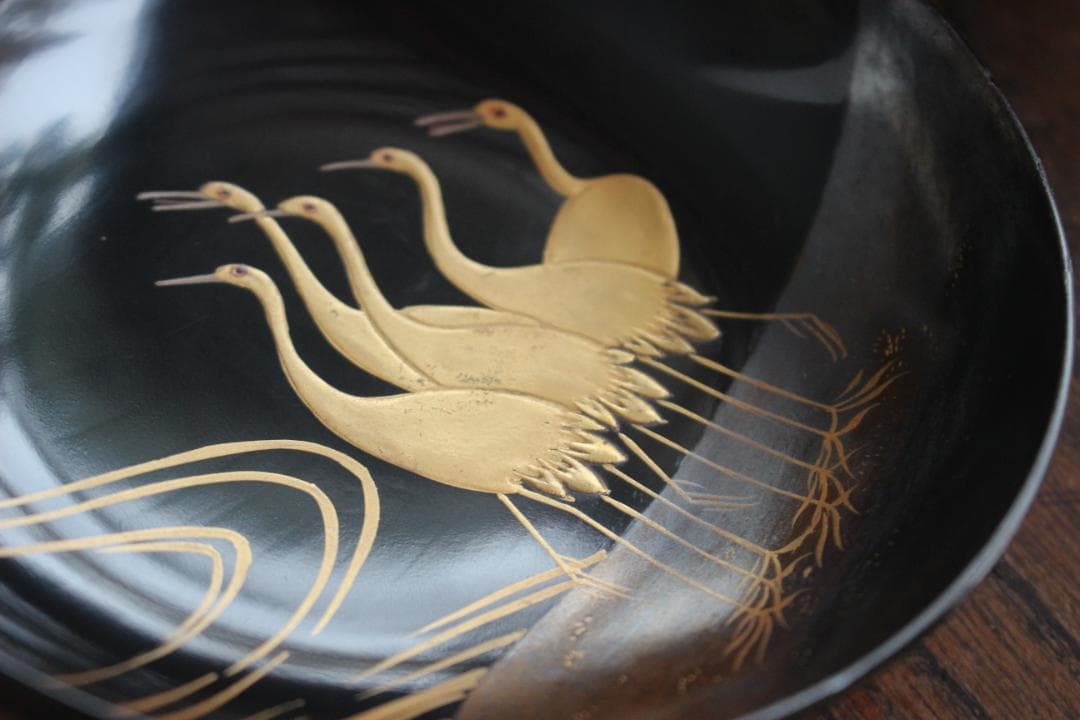 時代逸品！端正な黒漆に優美な光琳鶴蒔絵の映えるお椀2点（検輪島塗蒔絵椀