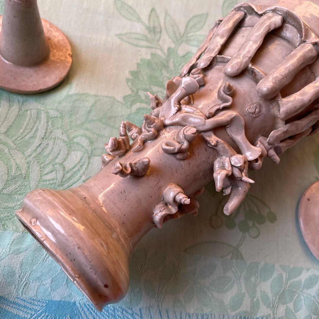 日月壺　蓋付き 白磁　発掘品　中国古阮 陶器の花瓶と鳥型