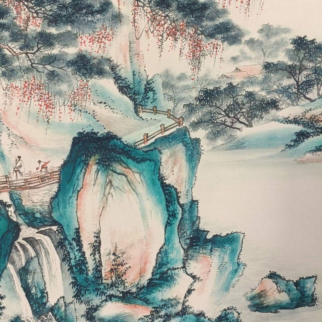 掛け軸 中堂 陳少梅 山路松声 山水画 中国書画 彩色山水 証書付 防偽標識