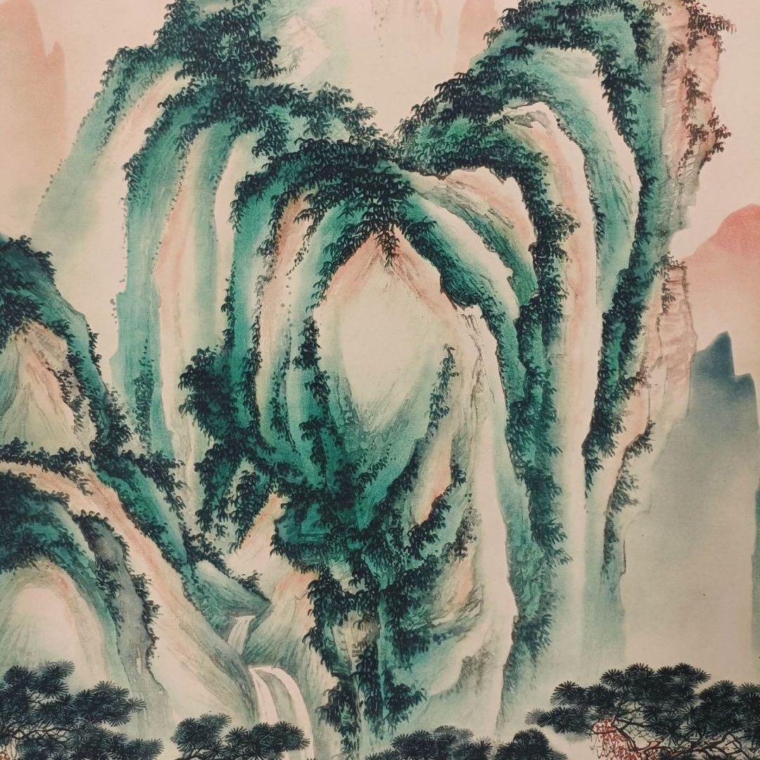 掛け軸 中堂 陳少梅 山路松声 山水画 中国書画 彩色山水 証書付 防偽標識