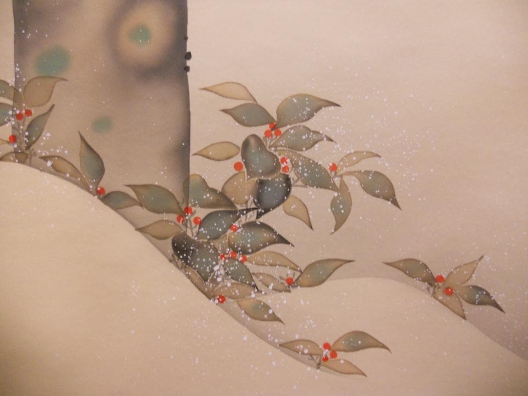 掛け軸 飯島千里 檜に啄木鳥図 絹本 希少 軸装 茶道具 掛軸 美品 です。