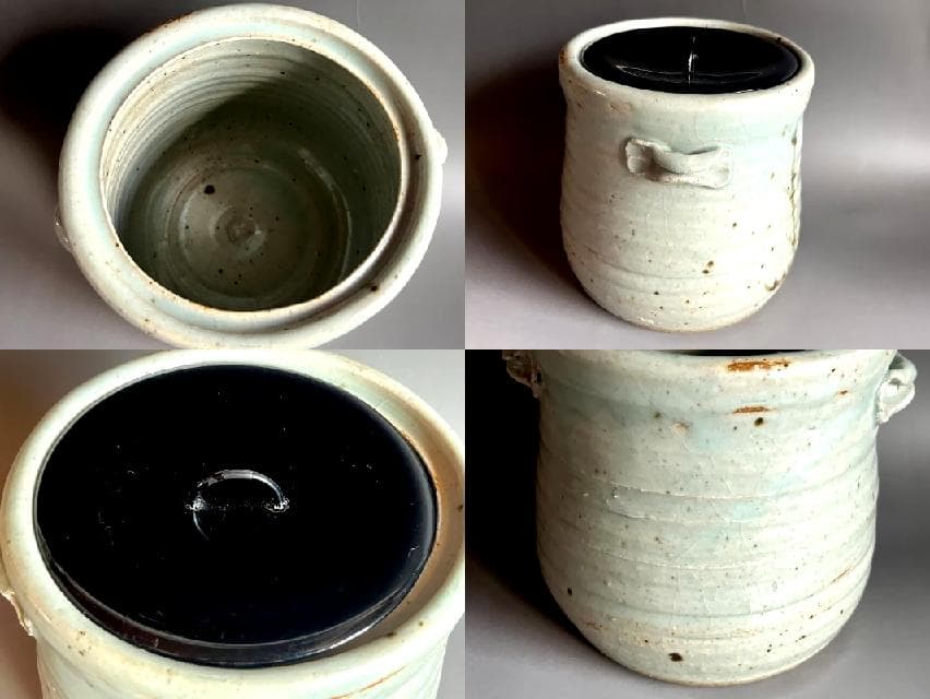 水指■古砥部手 佐恵作 耳付き 高知 秋沢 佐恵作 漆器蓋 時代物 骨董品■