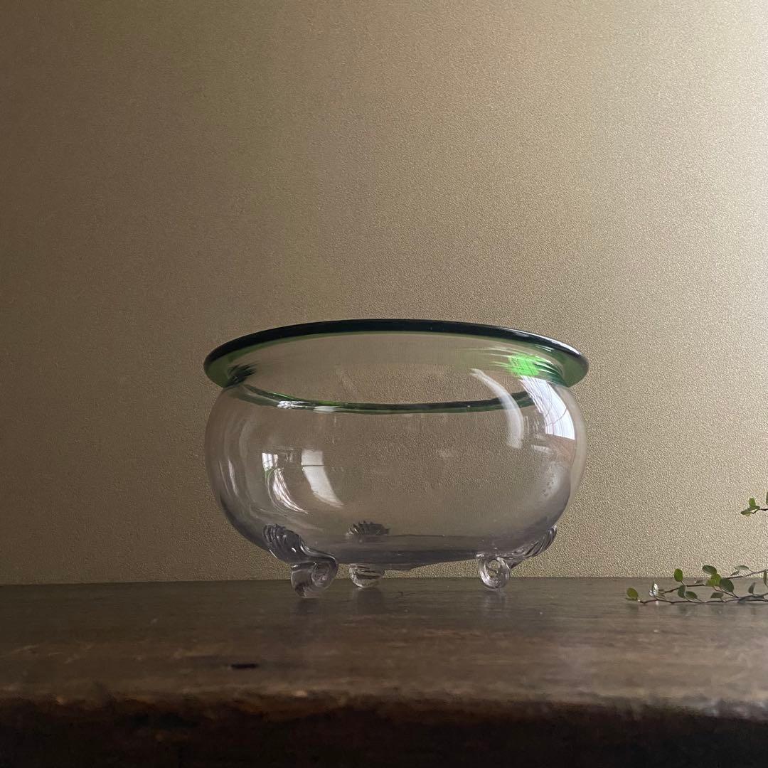 大正〜昭和初期　大正ガラス　吹き硝子　三脚金魚鉢　脚付　希少品