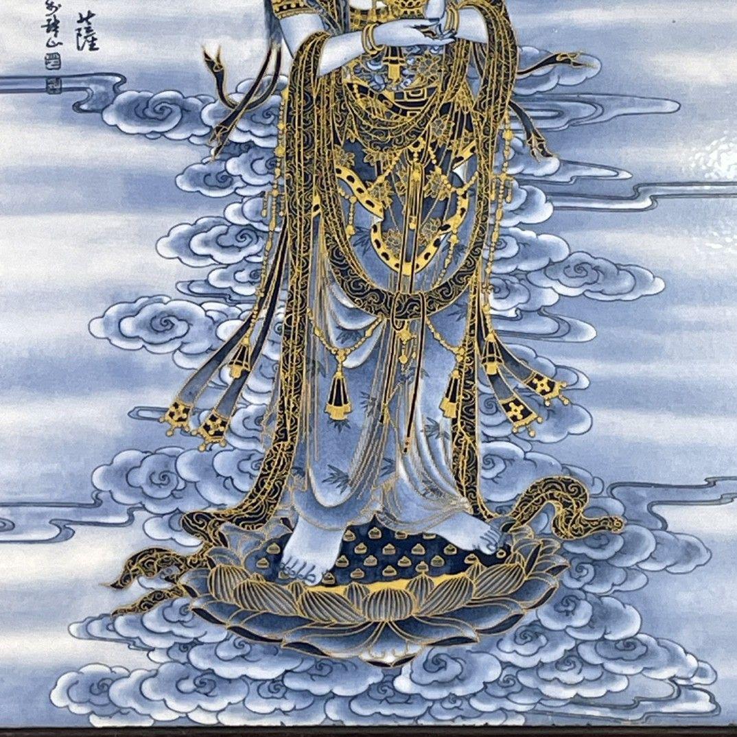 パステル観音図掛屏陶板画 景徳鎮陶瓷磁 装飾品 工芸品 置物