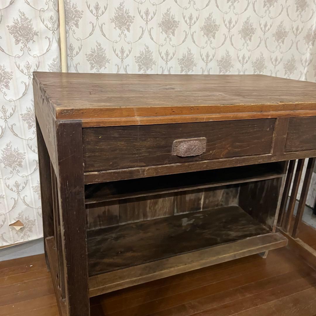 【アンティーク】木製 学習机 勉強机 デスク 2杯 小引出し 昭和レトロ 古家具
