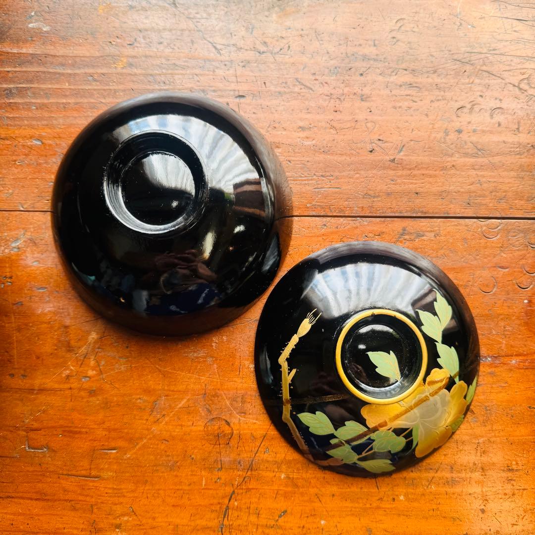 黒漆金彩花文溜塗吸物椀　お吸い物　　黒漆椀　木製椀3客セット　祝膳に　溜め塗り