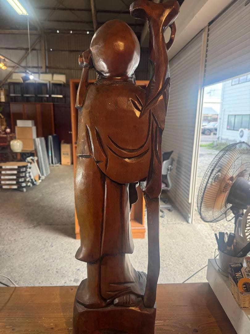 特大 木彫 寿老人 七福神 無垢材 一刀彫 置物 90cm