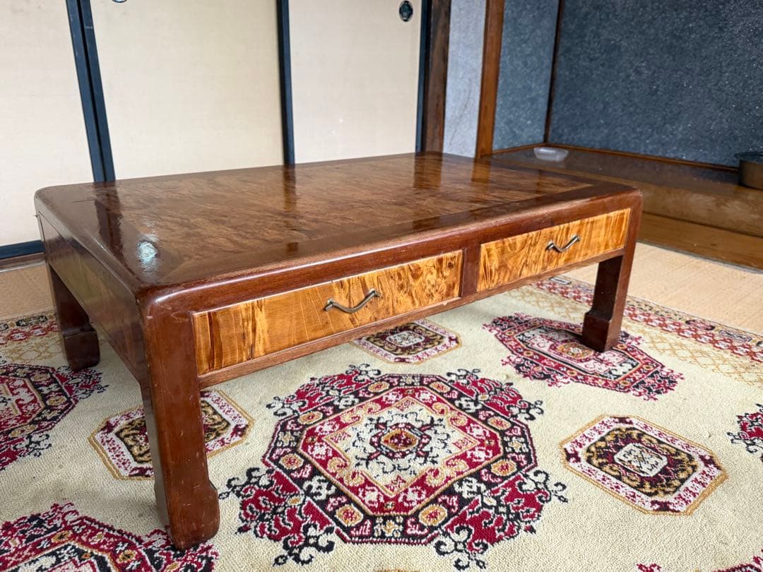 師走ギフト　銘木　座卓 引き出し2つ付き　杢目キラキラ　匠の手工藝