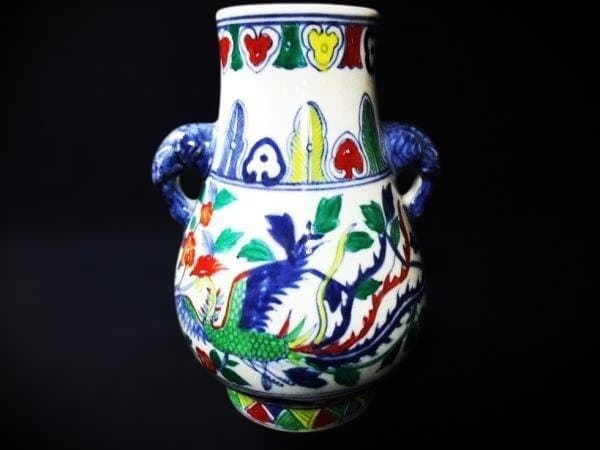 大清乾隆年製 色絵磁器 五彩 双耳 鳳凰文 唐草文 壺 中国古玩 中国古美術