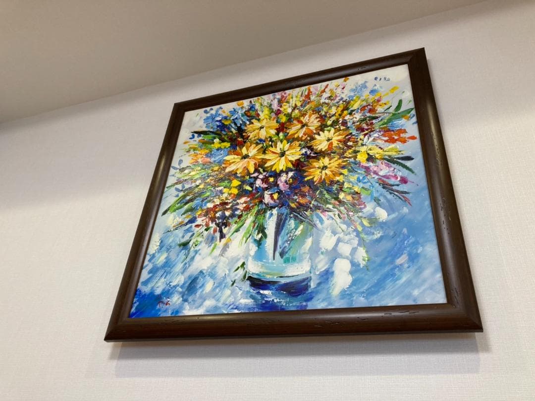 ガラスの花瓶に生けた花の静物画（油絵肉筆画）（680×680）