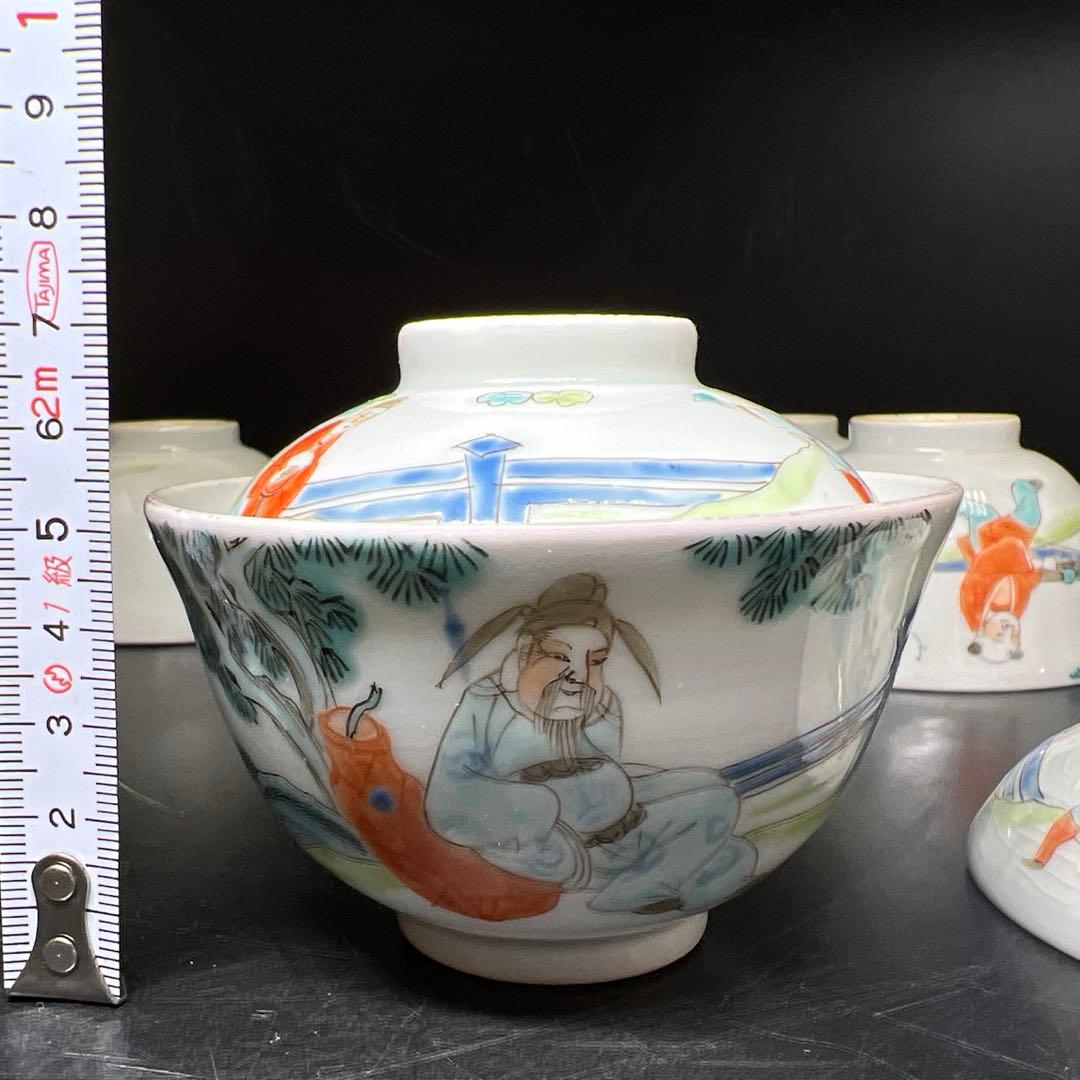 中国清時代　粉彩人物画蓋茶碗6客　木箱付　東Y8-0206☆2Fトコサ