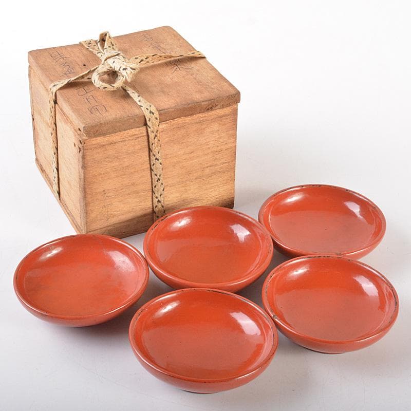 古民具　根来塗　時代根来　朱塗　酒盃　五客　時代合わせ箱　D　R7545