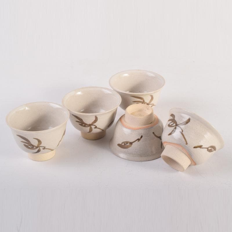 煎茶道具　虫明焼　岡本英山作　草文　煎茶碗　五客　C　8285