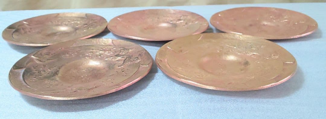 銅製茶托五客 陽咸二作 獅子魚鶴図 煎茶道具 煎茶器 銅茶托