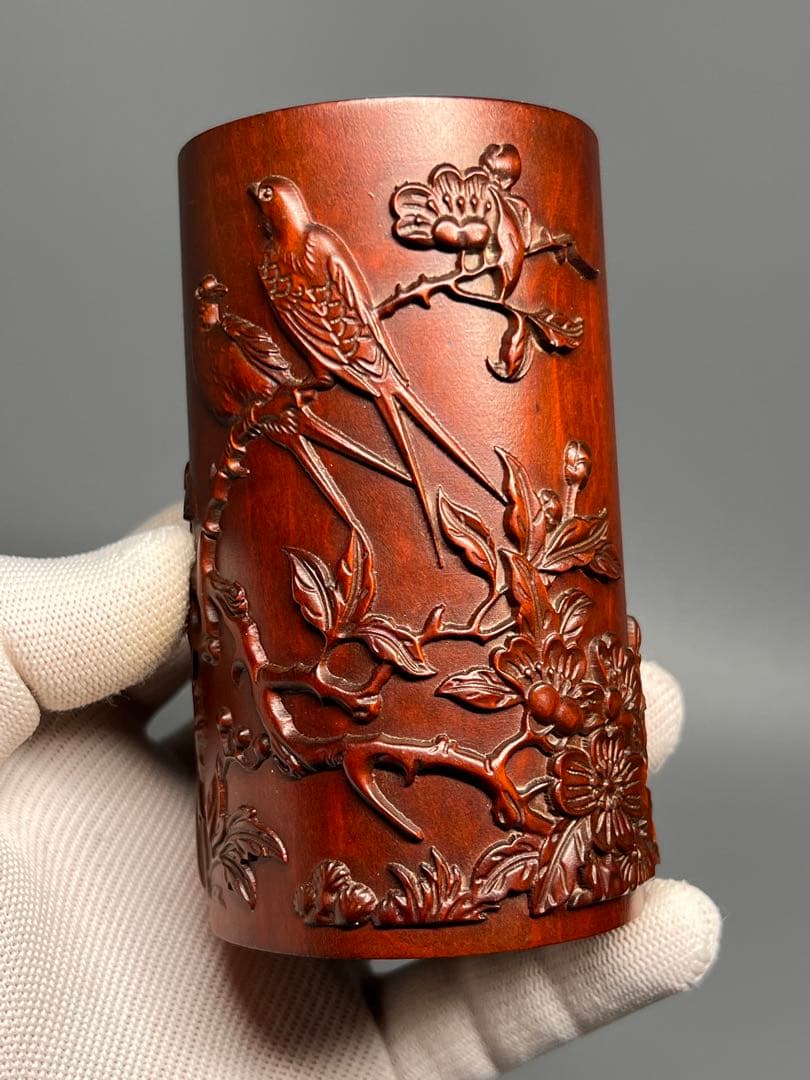 中国古美術 唐物 木製 黄楊木 一刀彫 筆立 筆筒 浮彫 文房具 極美品 旧蔵