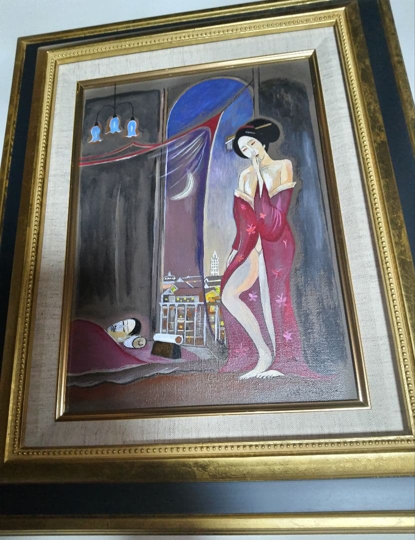 斎藤真一、絵画、油彩４号、蚊帳の月、高級額縁、肉筆、片岡球子、鴨居玲。