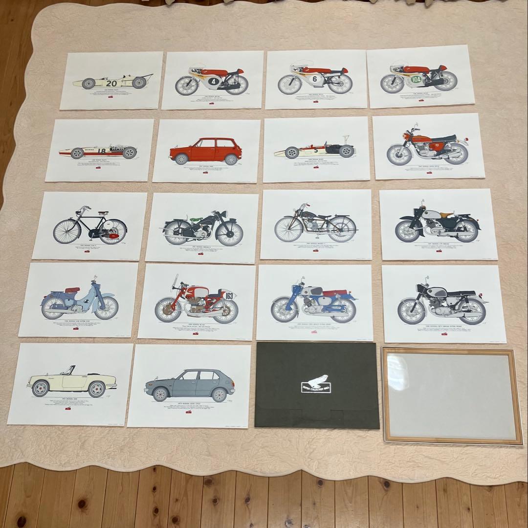 ホンダ　バイクと車のイラストレーション18枚と額