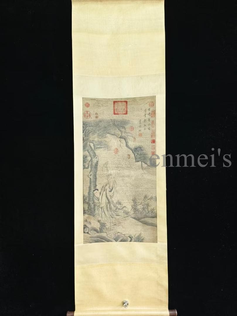 中国古美術 明代 盧稜伽作款 水墨画 風景人物 三尺 宣紙 掛け軸 唐物 肉筆