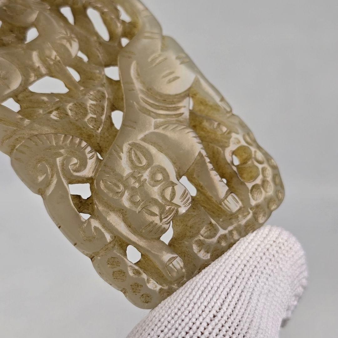 貴重品 本物和田白玉 土沁 明代 透彫り☆福禄双全☆虎鹿紋☆玉佩 根付 縁起物