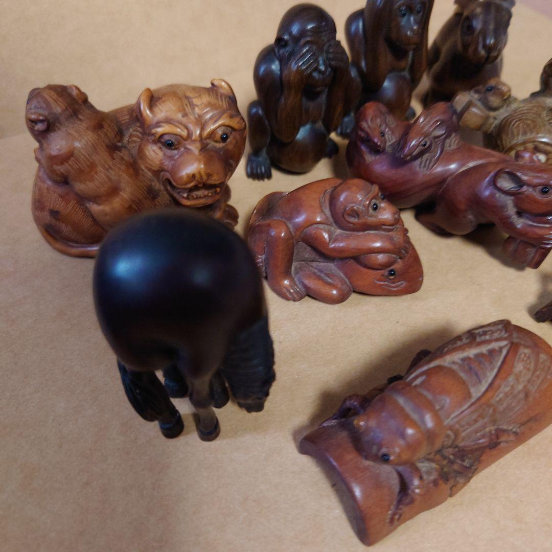 根付 木製動物彫刻 10個セット 日昇他 古美術 浮彫 木製 縁起物
